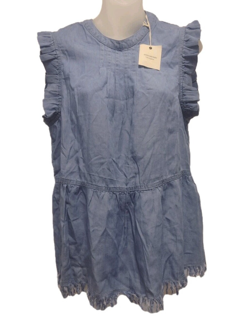 And The Why Chambray Peplum Top L Boho Cottagecore Ruffle Raw Hem NWT Blue